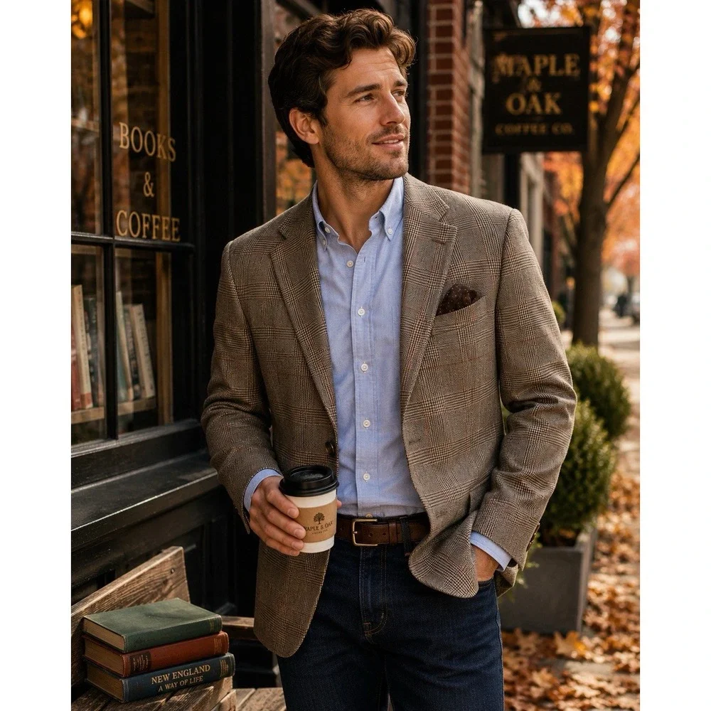Lands' End Mens 44R 100% Wool Blazer Glen Plaid Sport Coat Made USA Brown